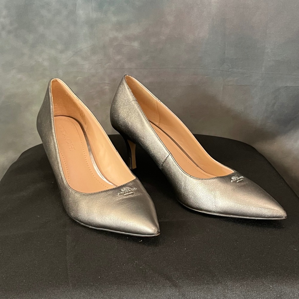 Coach Waverly Gunmetal Metallic Leather Pointed Toeโ Pumps G4585 Womens 8.5B